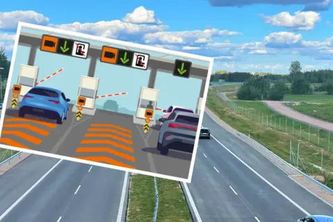 Ilustracja przedstawia bramki poboru opłat na autostradzie z samochodami i znakami.