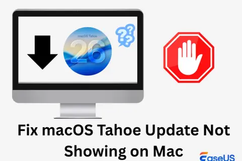 Ikona pobierania i logo macOS Tahoe 26 na ekranie komputera, obok znaku stop. Rozwiąż problem z aktualizacją macOS Tahoe.