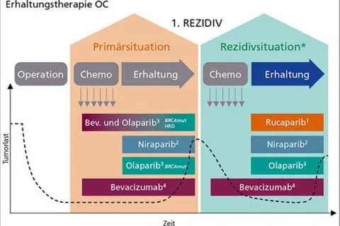 Schema zeigt Behandlung von Eierstockkrebs. Olaparib wird zur Heilung eingesetzt, sowohl in der Primärsituation als auch bei Rezidiven.
