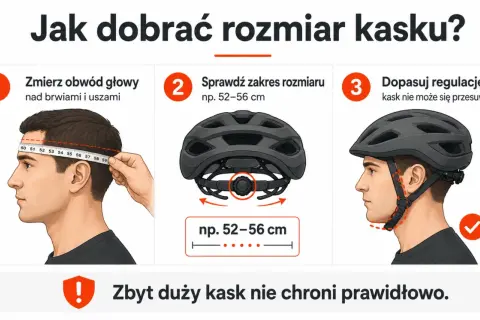 Jak dobrać kask rowerowy? Zmierz obwód głowy, sprawdź zakres rozmiaru i dopasuj regulację. Kask nie może się przesuwać.