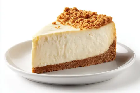 En krämig cheesecake-skiva med kexbotten, perfekt för ett enkelt tårtbotten recept.