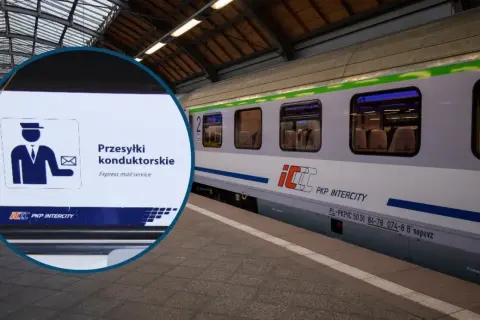 Znak informuje o możliwości nadania przesyłki konduktorskiej na dworcu PKP Intercity.