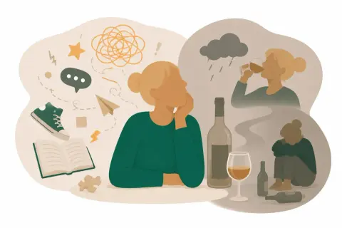 Tankar kring adhd och alkohol. En person funderar över sina känslor, med symboler för kaos och distraktioner. I bakgrunden syns bilder av drickande och ensamhet.