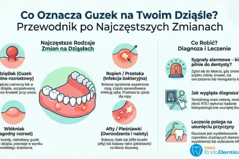 Ilustracja przedstawia różne zmiany na dziąsłach, w tym nadziąślaka, który może przypominać krwiak na dziąśle u dziecka.