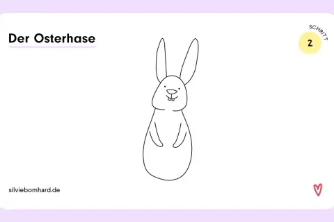 Einfache Strichzeichnung eines Osterhasen mit langen Ohren und zwei Zähnen.
