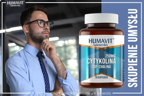 Mężczyzna w okularach zastanawia się nad suplementem diety Humavit Cytikolina CDP-Cholina, który wspiera skupienie umysłu.
