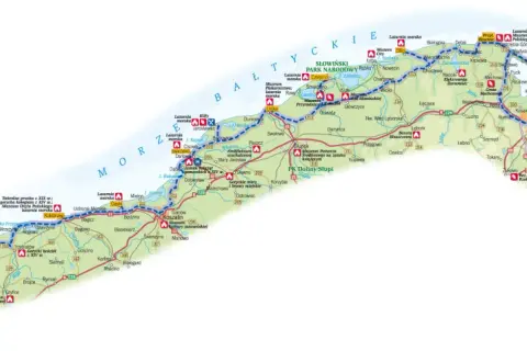 Mapa szlak latarni morskich od Świnoujścia po Krynicę Morską.
