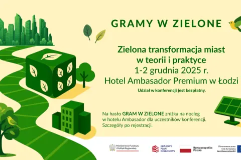 Ilustracja z zielonym miastem, drogą, kostką z liściem i panelem słonecznym.