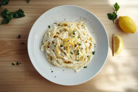 Ein Teller cremiger Spaghetti mit Zitronensauce, garniert mit Petersilie und Zitronenschale. Daneben liegen eine ganze Zitrone und eine Zitronenspalte.