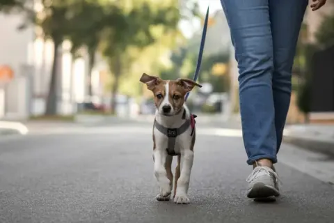 Un cachorro con arnés y correa sale a la calle por primera vez, explorando el mundo con curiosidad.