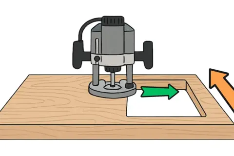 Une défonceuse sert à creuser le bois. Ici, elle crée une découpe rectangulaire dans une planche.