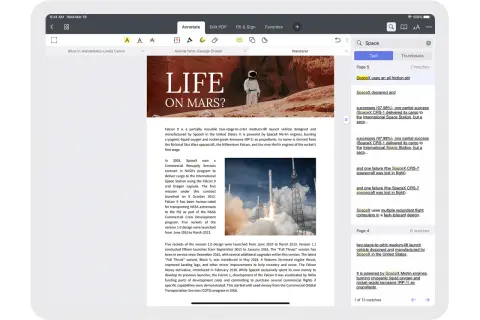 Lecture d'un epub sur iPhone, avec des articles sur la vie sur Mars et les fusées SpaceX.