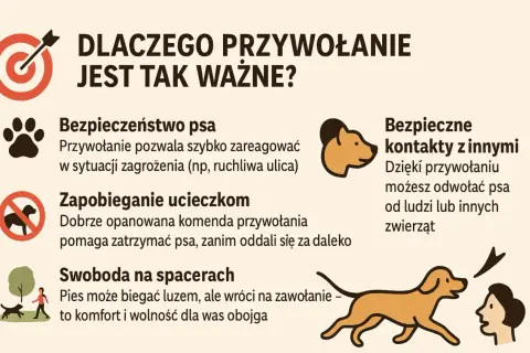 Jak nauczyć psa przywołania? Grafika pokazuje, dlaczego przywołanie jest kluczowe: bezpieczeństwo psa, zapobieganie ucieczkom, swoboda na spacerach i bezpieczne kontakty z innymi.
