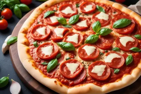 En läcker pizza med tomatsås, pepperoni och färsk basilika. Perfekt för en mysig kväll.