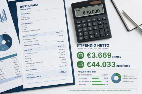 Busta paga con RAL di 70.000€, stipendio netto mensile di 3.669€ e annuale di 44.033€.