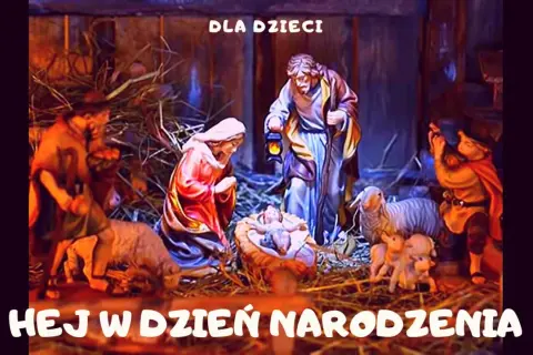 Hej w dzień narodzenia! Szopka bożonarodzeniowa z Dzieciątkiem Jezus, Maryją, Józefem i pasterzami.