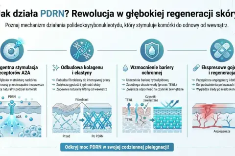 PDRN to polideoksyrybonukleotyd stymulujący regenerację skóry: odnowa komórek, kolagenu, wzmocnienie bariery i gojenie.