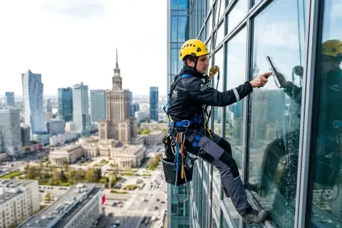Profesjonalista w kasku i uprzęży wykonuje mycie okien na wysokości, wisząc na budynku. W tle panorama miasta.