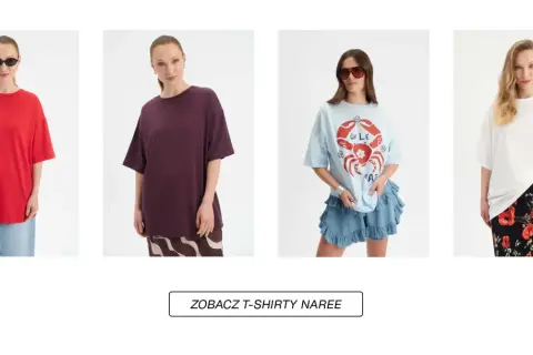 Kolekcja luźnych t-shirtów damskich XXL: czerwony, bordowy, błękitny z krabem i biały z makami.