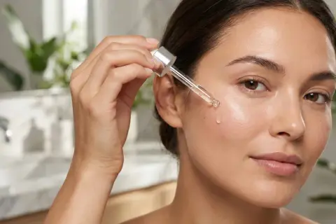 Una mujer aplica un suero con niacinamida, un ingrediente clave para combatir el acné, en su rostro.