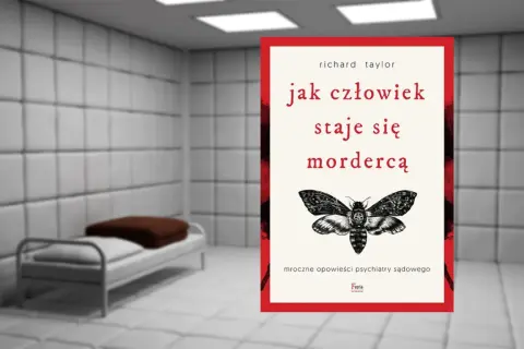 Książka "Jak człowiek staje się mordercą" w tle z łóżkiem w pokoju o wyściełanych ścianach.