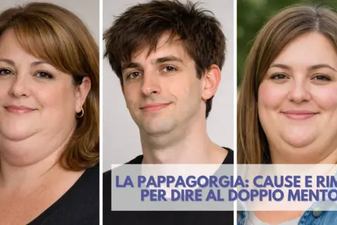 Tre persone sorridono, con un testo che parla di come eliminare il doppio mento.