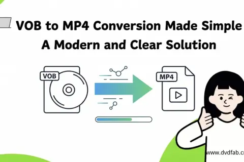 VOB to MP4 conversion made simple. This image shows a VOB file (like from a DVD) transforming into an MP4 file, with a happy person giving a thumbs up.