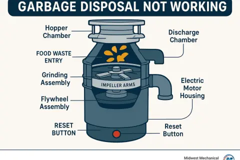 Diagram showing garbage disposal parts: hopper, grinding assembly, and reset button. Learn how to fix garbage disposal issues with this visual guide.