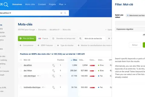 Interface de filtrage de mots-clés avec champ pour expression régulière, utile pour rechercher des numéros de téléphone via regex.