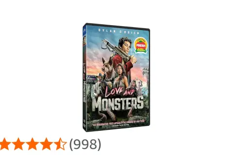 DVD-omslag för "Love and Monsters" med Dylan O'Brien, en hund och andra karaktärer som kämpar mot monster i en postapokalyptisk värld.