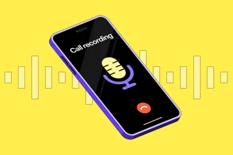 Telefon z ikoną mikrofonu i napisem "Call recording". Aplikacja do nagrywania rozmów w akcji, z wizualizacją dźwięku w tle.
