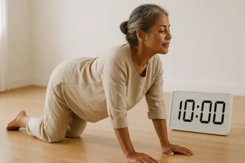 Donna in posizione yoga per la mobilità del bacino, con un timer digitale che segna 10:00.