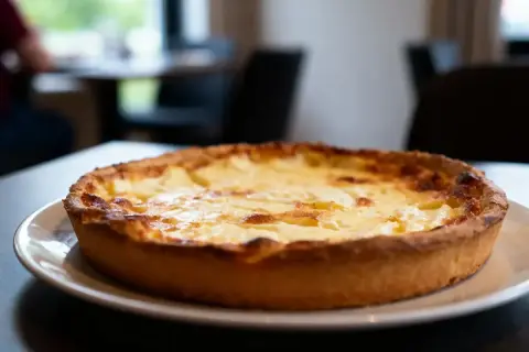 Une tarte au fromage dorée et appétissante, prête à être dégustée dans une ambiance chaleureuse.