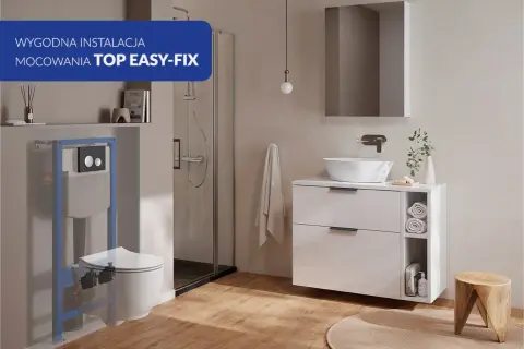 Nowoczesna łazienka z miską WC i ukrytym stelażem. Montaż miski WC z ukrytym mocowaniem TOP EASY-FIX to proste rozwiązanie.