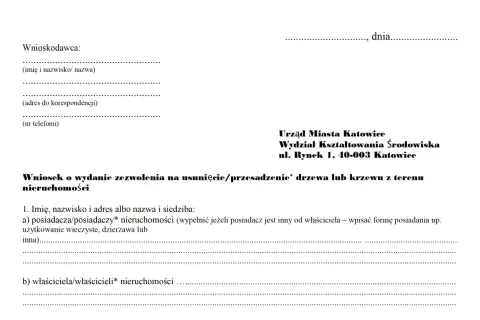 Formularz wniosku o zezwolenie na usunięcie drzewa/krzewu. Dokument nie zawiera informacji, jakie drzewa można wyciąć bez zezwolenia.