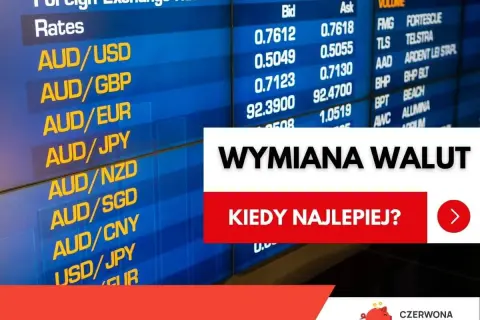 Tablica kursów walut, z napisem "WYMIANA WALUT". Zastanawiasz się, kiedy najlepiej wymienić tiền ba lan?