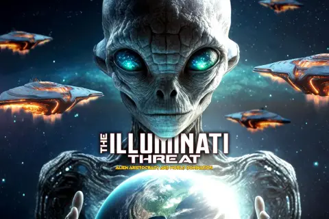 En utomjording med lysande ögon håller jorden, omgiven av rymdskepp. Texten "The Illuminati Threat" antyder en kommande film.