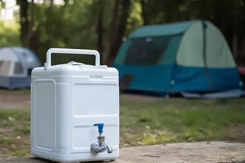 Weiße Wasserkanister mit Zapfhahn, ideal für Camping. BPA-frei, ohne Weichmacher, für sicheres Trinken.