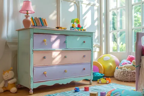 Commode 3 tiroirs relookée aux couleurs pastel, avec des jouets et une lampe sur le dessus.