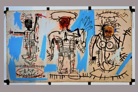 Three figures in the raw, expressive style of artists like Basquiat, rendered in black, red, and blue on a tan background.