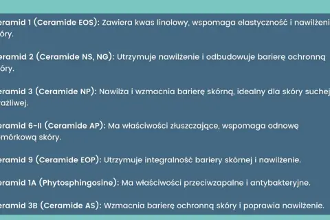 Lista ceramidów i ich właściwości: kwas hialuronowy i ceramidy wspierają elastyczność, nawilżenie i odbudowę bariery ochronnej skóry, idealne dla skóry suchej i wrażliwej.