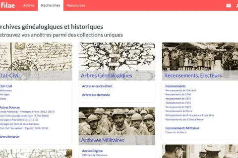 Page d'accueil de Filae, présentant les archives généalogiques : état civil, arbres, recensements et archives militaires.