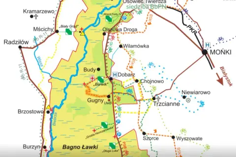 Mapa turystyczna **Biebrzańskiego Parku Narodowego** z zaznaczonymi miejscowościami, drogami i szlakami.