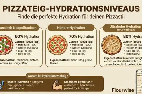 Pizzateig-Hydration: 60-80% Wasser für perfekten Teig. Die richtige pizzateig temperatur beeinflusst die Hydration.