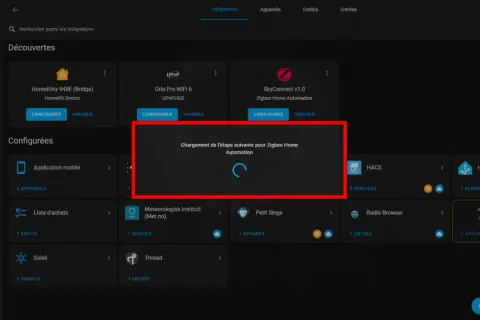 Chargement de l'étape suivante pour Zigbee Home Automation. L'interface Home Assistant montre la configuration d'une intégration Zigbee.