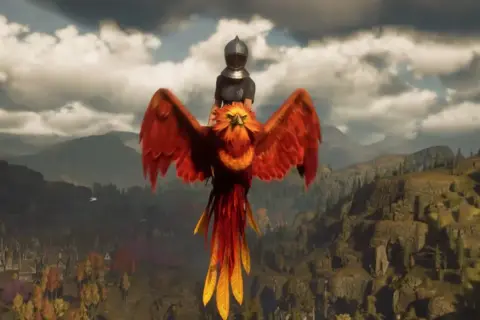 Postać w zbroi na grzbiecie feniksa nad zamkiem. Wyobraź sobie, że to wspólna przygoda w Hogwarts Legacy multiplayer.
