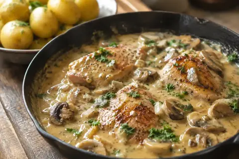 Kyckling i krämig champinjonssås i gjutjärnspanna, med kokt potatis i bakgrunden.