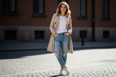 Kobieta w beżowym prochowcu i podartych spodniach boyfriend, biały t-shirt i sneakersy. Stylowe spodnie boyfriend na co dzień.