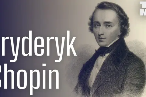 Portret Fryderyka Chopina, z napisem "Fryderyk Chopin" po lewej. Obraz zawiera informacje o jego życiu i twórczości.