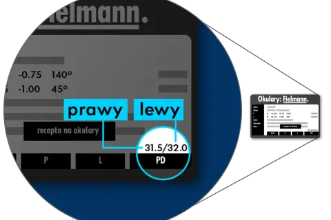 Fragment recepty okularowej z danymi: "prawy", "lewy", "31.5/32.0 PD".